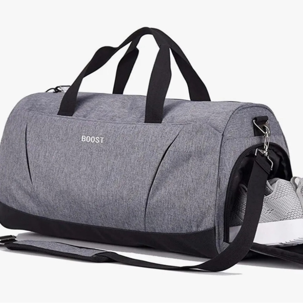 Boost Gray Sports Gym Travel Duffle Bag Wet Pocket Shoe Compartment